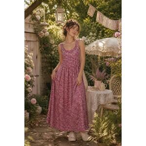 Vintage April Cornell Sleeveless Floral Maxi Dress Cottagecore XL Pink Rayon